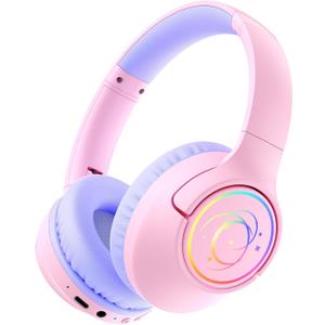 Kids Bluetooth Headphones, 85H Playtime Wireless Headphones for Kids, Colorful LED Lights, 85/94dB Safe Volume Limit, Bluetooth 5.4 Built-in Mic Toddler Headset for Tablet/Airplane/Travel (Pink)