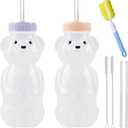 Honey Bear Straw Cups, Juice Bear Bottle Drinking Cup Long Straws with 4 Flexible Straws & Cleaning Tools, 8-Ounce Therapy Sippy Bottles for Speech and Feeding Training, Food-Grade & BPA Free 2 Pack