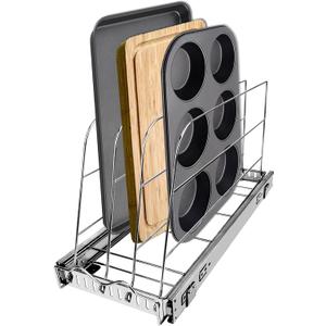Pull Out Baking Pan Organizer for Cabinet, Cookie Sheet, Cutting Board, Tray Organizer for Cabinet, Adjustable, 22.5"D x11"H x 9"W, Pull/ Slide Out Organizer-Heavy Duty, Chrome steel, 3-tier