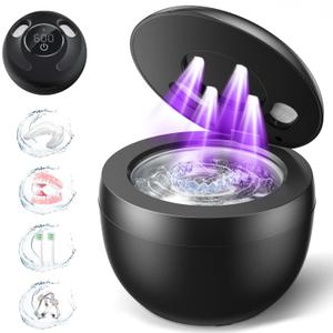 Dental Ultrasonic Retainer Cleaner Machine - 45kHz Dental Cleaning Pod with 4 Modes, Digital Timer & 200ML Capacity for Denture, Mouth Guard, Aligner, Night Guard, Braces, Toothbrush Head & Jewelry (Black)