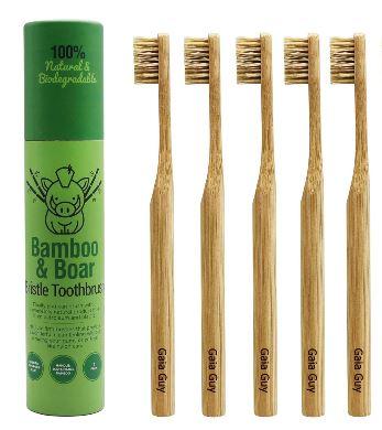 Gaia Guy Natural Bristle Bamboo Toothbrush (NO Nylon - Boar Hair ONLY) - Totally Compostable & Biodegradable Boar Bristle and Bamboo Toothbrushes - Zero Waste - 5-Pack