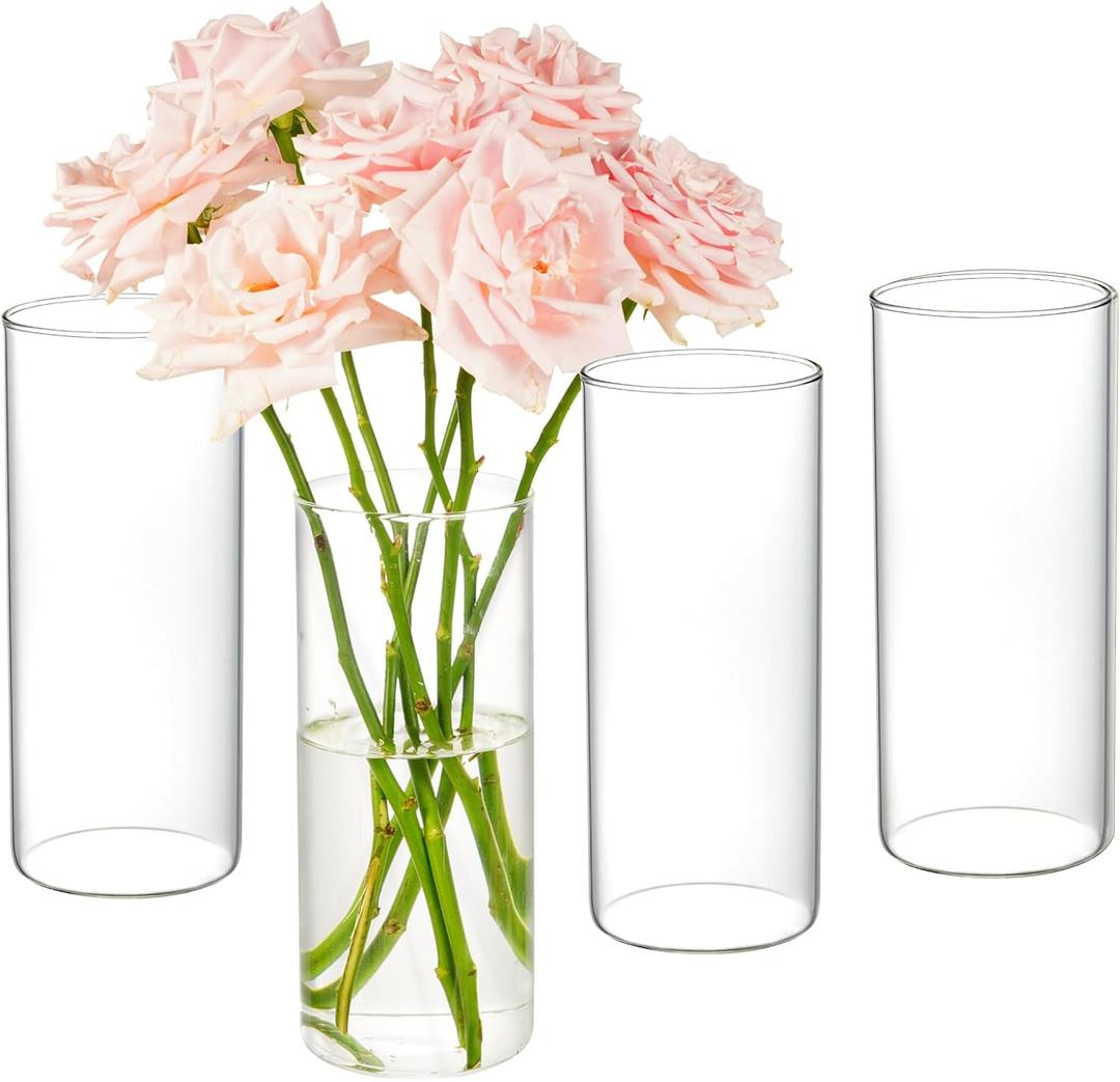 4pcs Glass Cylinder Vases for Centerpieces - 8 Inch Tall Glass Vases for Flowers, Hurricane Candle Holders Floating Candle Vase for Table Centerpiece Formal Dinners Home Decor