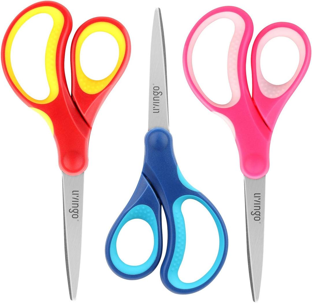 LIVINGO 7" Student Scissors, Sharp Stainless Steel Pointed Tip Blades Shears for Middle School Kids Crafting Project, Comfort Right/Left-handed, Assorted Color, 3 Pack (Blue / Red / Pink)