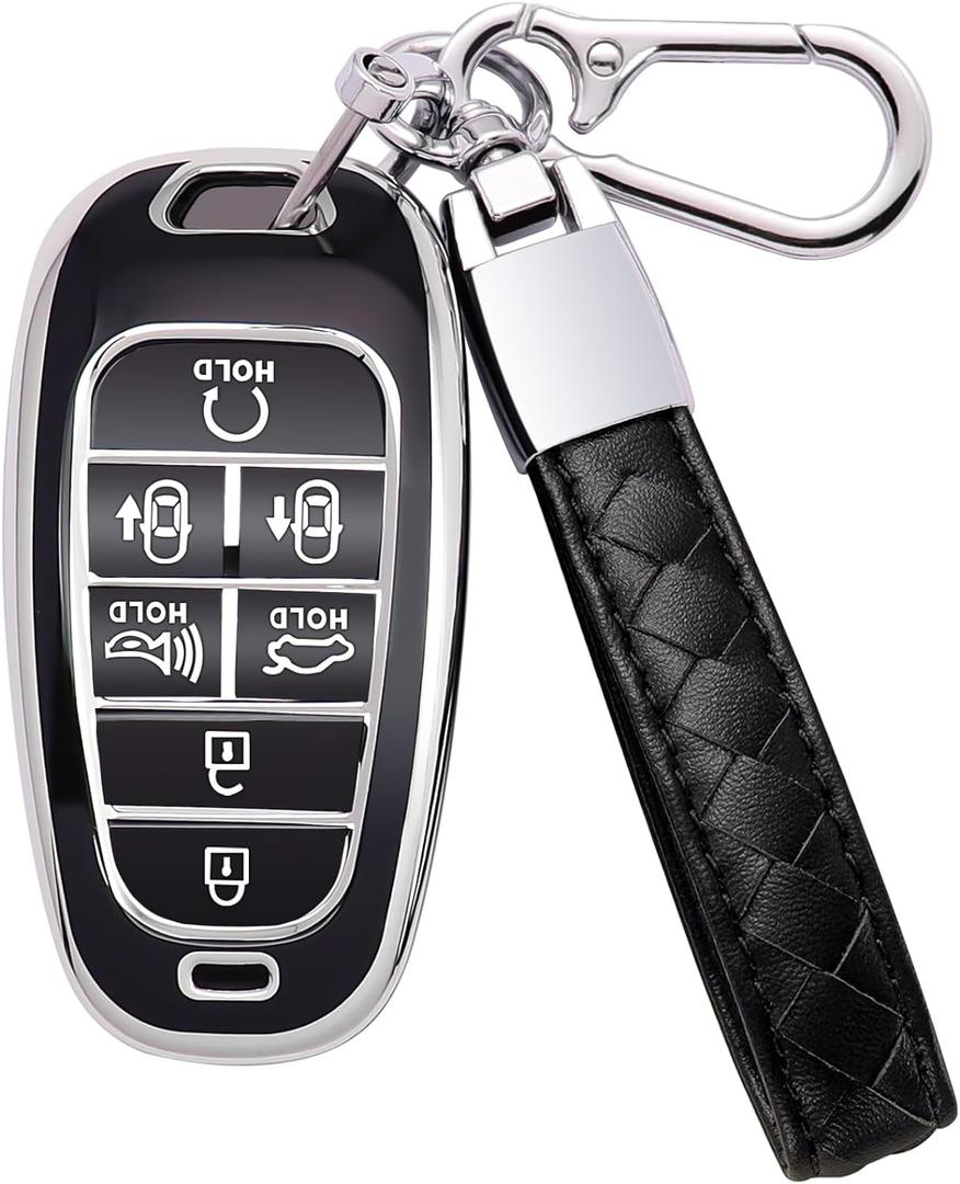for Hyundai Key Fob Cover 7 Button with Leather Keychain Soft TPU 360 Degree Protection Car Key Case Shell Holder Fits for 2023 2022 2021 2020 Hyundai Sonata Santa fe Tucson, Black (Silver Edge)