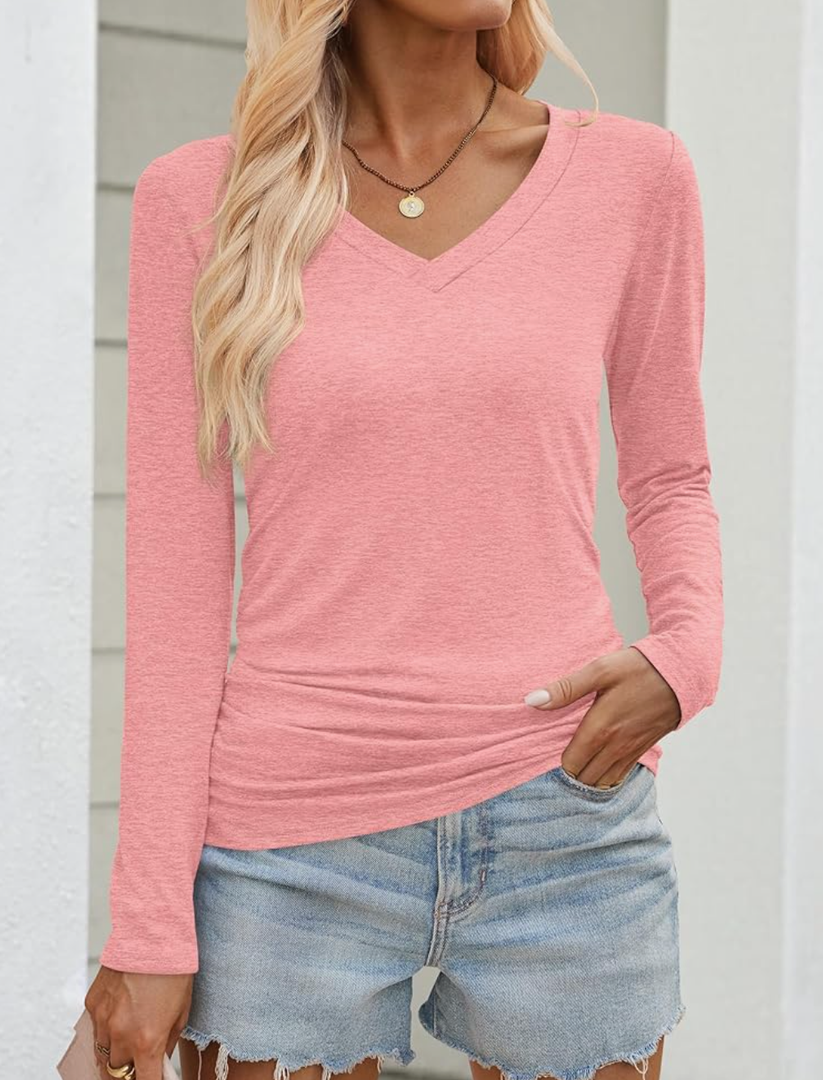 ANRABESS Shirts for Women Long Sleeve V Neck Tops Dressy Business Casual Side Ruched T-Shirts 2025 Fall Tee Blouses Outfits XL