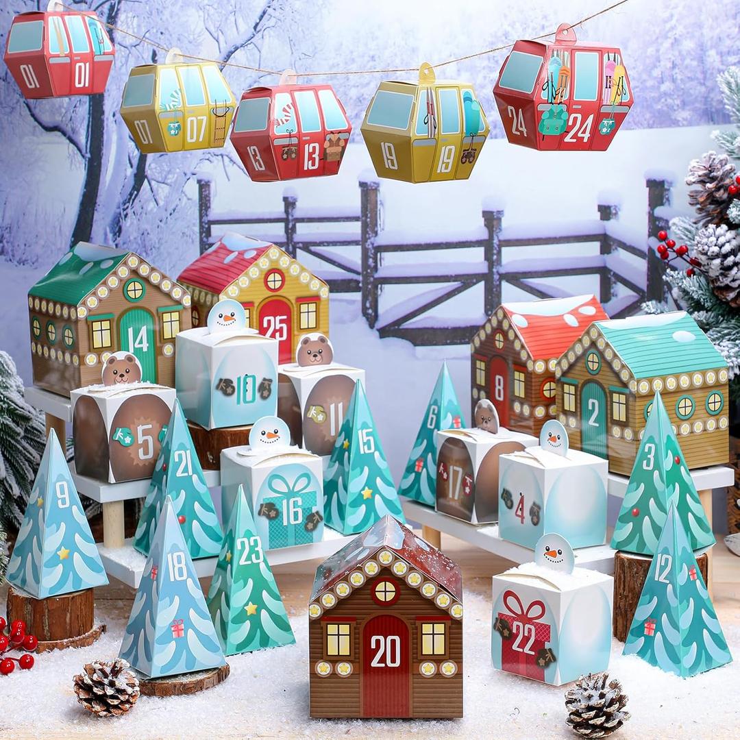 25 Pcs Christmas DIY Advent Calendar Boxes to Fill, 24 Days Empty Advent Calendar Mountain Wonderland Ski Gift Fillable Box Countdown Candy Treat Box for Christmas Holiday Decor