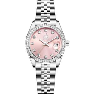 SHENGKE Women's Crystal Accented with Solid Alloy Steel Band Watch Elegant Dress Quartz Calendar Watches for Women