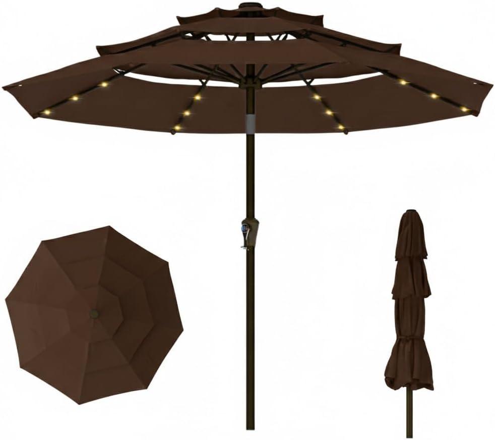 10FT Patio Umbrella 3 Tiers with LED Light Outdoor Market Umbrella w/Push Button Tilt, Crank, UV and Waterproof Table Umbrella for Garden, Pool, Backyard, Deck, Lawn, Brown