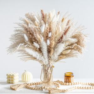130PCS Natural Dried Pampas Grass Boho Home Decor Bouquet Phragmites Dried Flowers Bouquet for Wedding Floral Arrangements Living Room Decorations 