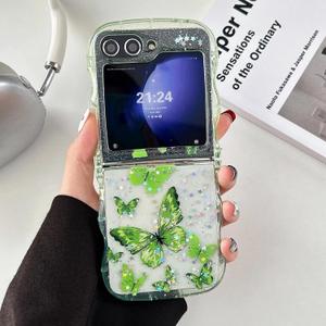 UEEBAI Wave Butterfly Case for Samsung Galaxy Z Flip 5/Z Flip 6/Z Flip 7 FE 5G Case, Pretty Bling Star Butterfly Cute Shiny Glitter Phone Cover Bling Clear Cover Curly Shockproof Girly - Green
