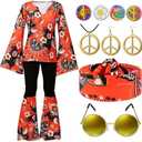 Jiuguva 17Pcs 60s 70s Outfits for Women Hippie Costume Set Disco Outfit Dress Boho Flared Pants Hippie Shirt Headband, XL