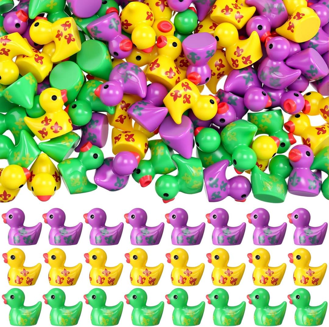 Soulchen 120 Pcs Mini Mardi Gras Ducks Bulk Resin Mardi Gras Throws Duck Figurines for Parades Tiny Iris Duckies Small Resin Animals Figures Decor for for Carnival Parade Party Favors Supplies Gifts