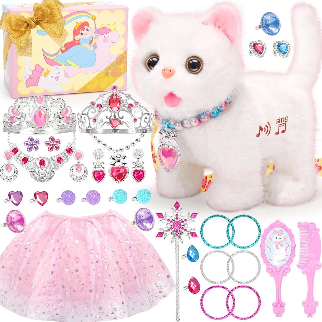 Tagitary Plush Toys Walking Cat Repeats What You Say,Stuffed Interactive Cat Talking Singing Toys with Princess Dress Up Accessories Jewelry Toys,Christmas Birthday Gift Party Favors for Kids