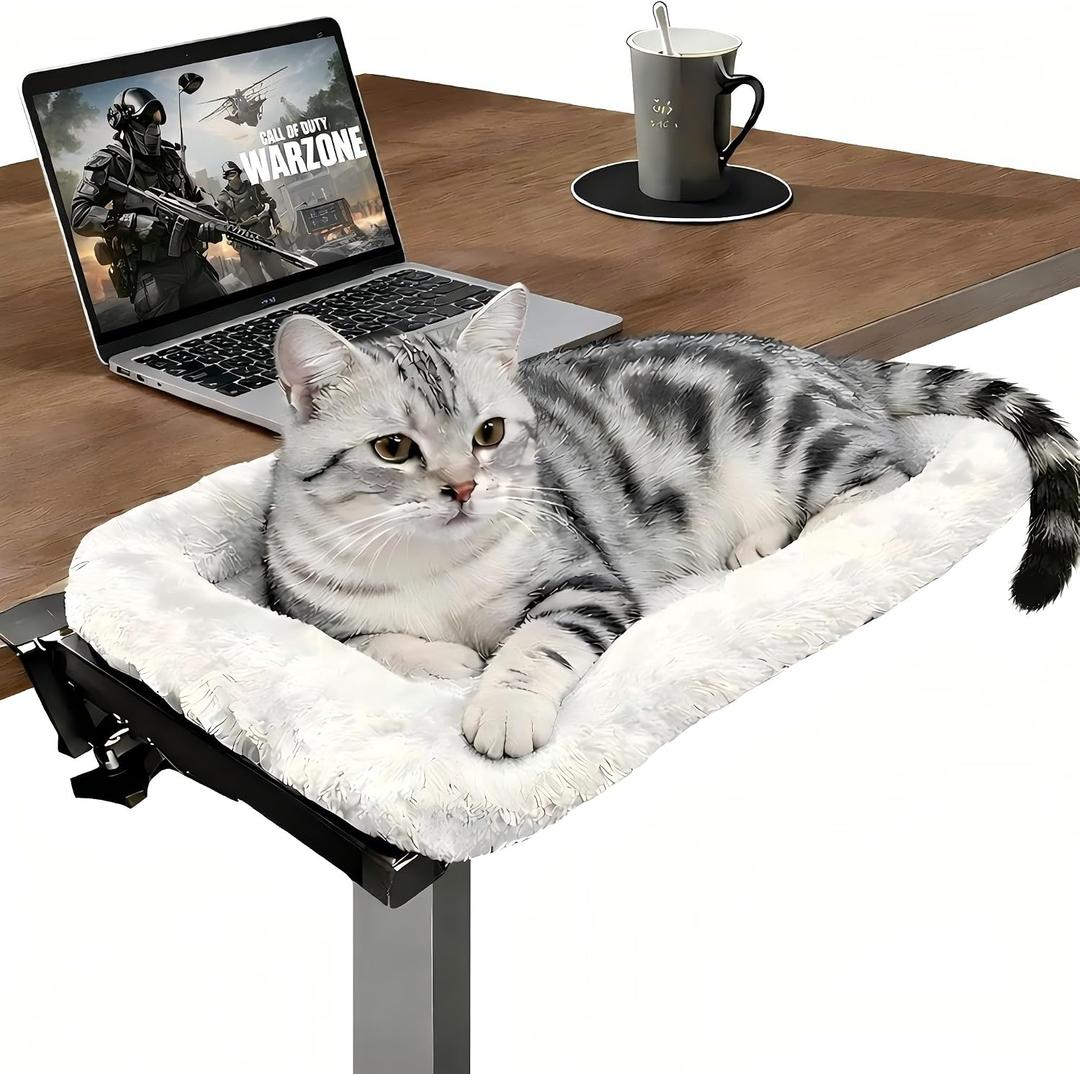 Cat Desk Bed - One-Click Folding,Heavy Duty Cat Hammock Perch for Desk Holds up to 40 lbs, Soft Faux Rabbit Fur Material, Suitable for Various Desktops-Removable & Washable,21"x17", Gray