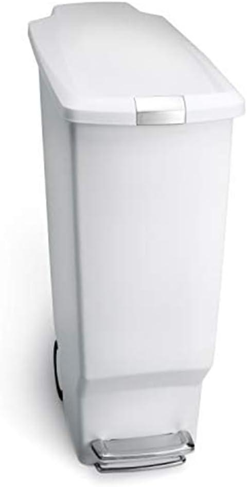 simplehuman 40 Liter / 10.6 Gallon Slim Kitchen Step Trash Can With Secure Slide Lock, White Plastic