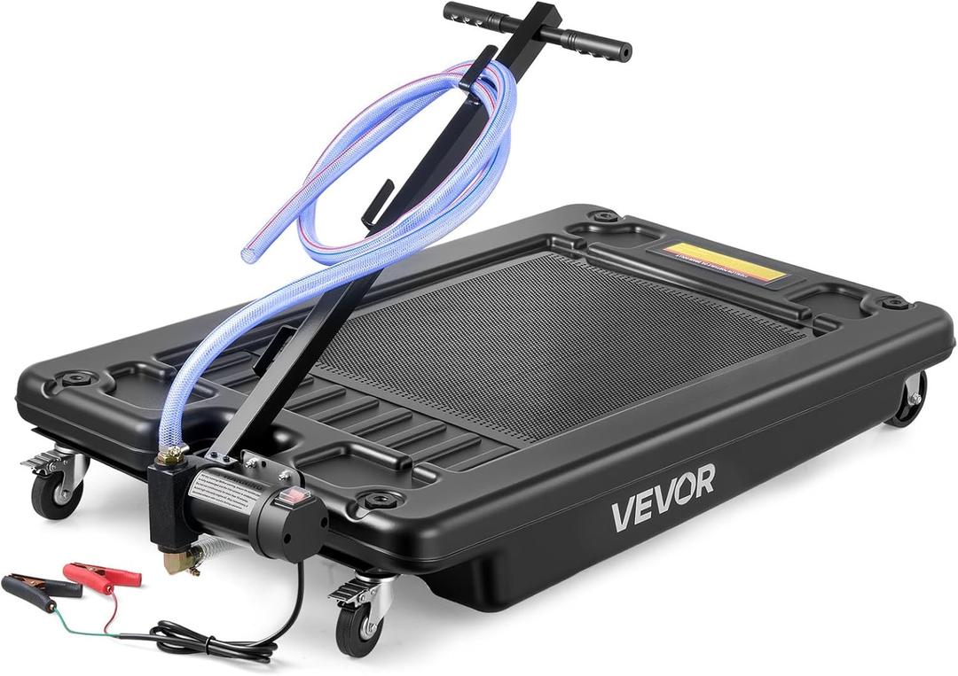 VEVOR Low Profile Oil Drain Pan, 17-Gallon Plastic Oil Change Pan, Effective Oil Drain Cart with 180W Electric Pump, Wheels & Folding Handle, Oil Drain Tank for Cars, SUVs, Trucks, Buses, RVs