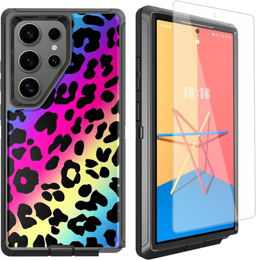 Compatible for Samsung Galaxy S24 Ultra Case Cute Neon Leopard Cheetah Rainbow Case with Screen Protectorfor Women Girls [Military Grade Protection] Heavy Duty Shockproof Case 6.8inch