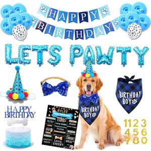 Dog Birthday Party Supplies, Blue Dog Birthday Decorations, Lets Pawty Balloons Banner, Dog Baday Bandana Hat Scarfs