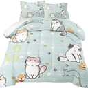 Cat Bedding Set Twin Size, Cartoon Cats Comforter for Girls Kids Teens, Blue Lovely Quilt Animal Pattern Comforter Set Soft Breathable Cute Duvet Set for All Season 2Pcs with Pillowcase (Ac1)