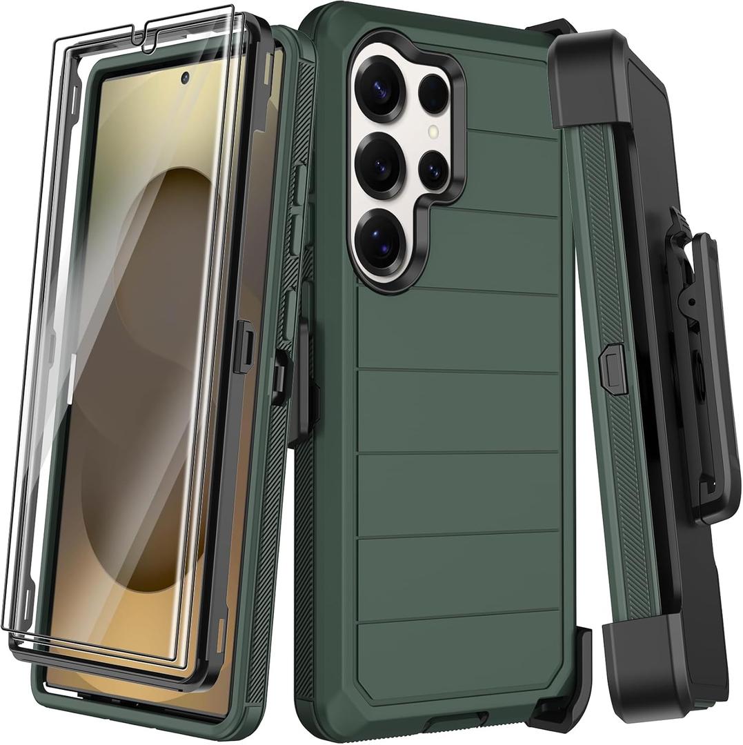 for Samsung Galaxy S25 Ultra Case with Belt Clip Holster,2X Screen Protector,Heavy Duty Shockproof Drop Protection Military Grade Full Body Rugged Phone Cover with Kickstand (6.9") (Deep Green)