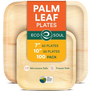 ECO SOUL Compostable 7 & 10 Inch Palm Leaf Square Plates (100 Count) Like Bamboo Plates | Biodegradable | Eco-Friendly, Microwave & Oven Safe - Party Pack