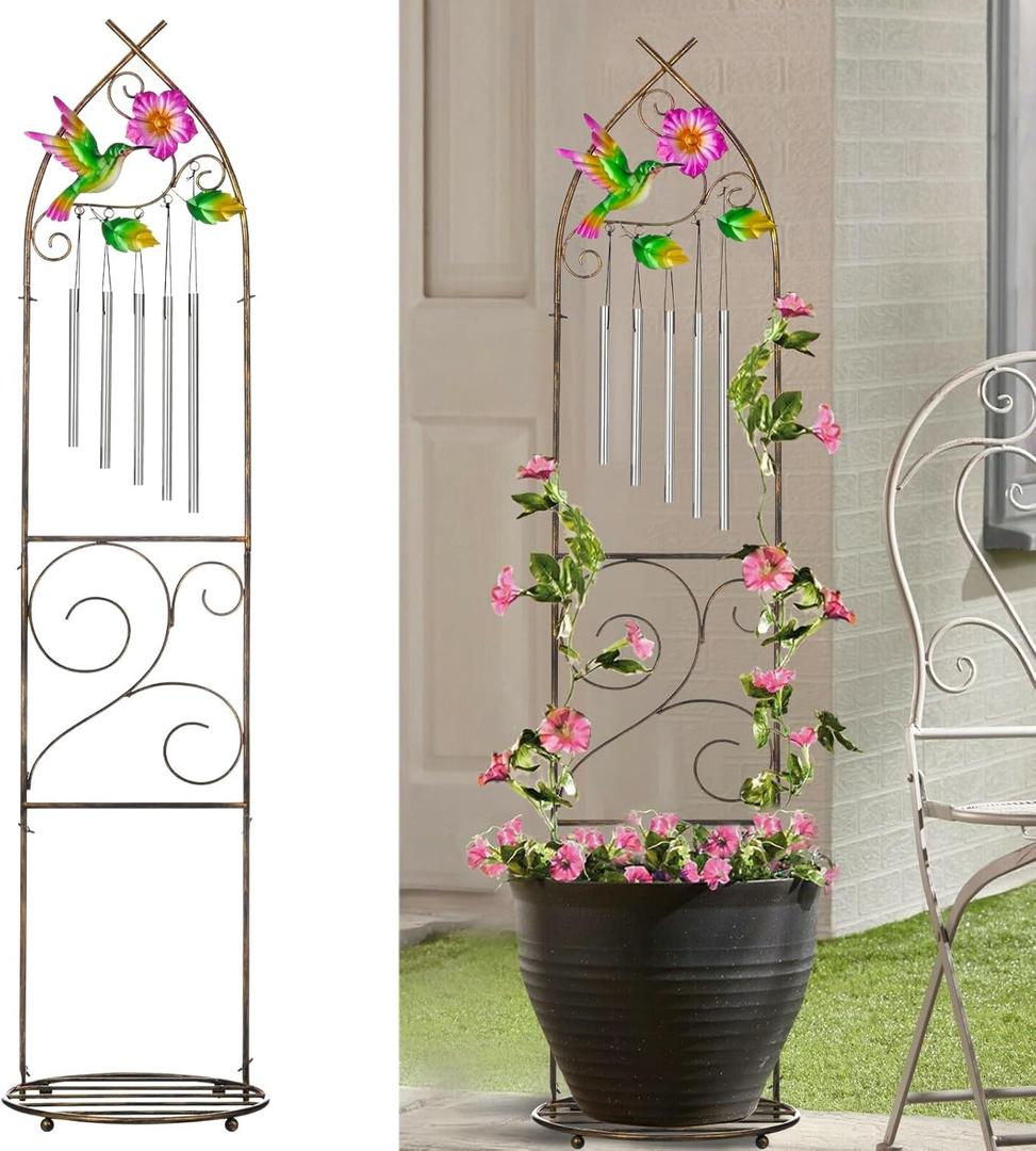 Garden Trellis with Plant Stands, 48 Metal Detachable Hummingbird Plant Pot Trellis with Wind Chimes for Climbing Plants Outdoor Lawn Patio Porches Decor