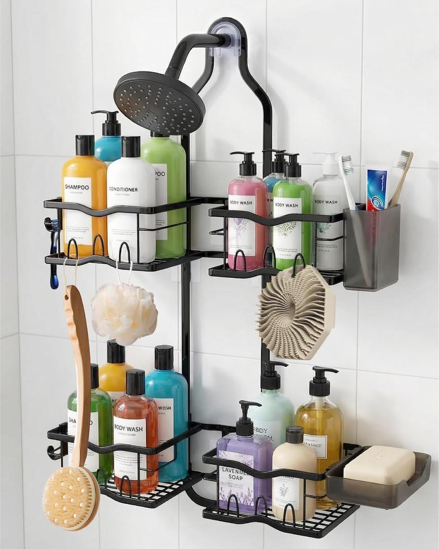 Shower Caddy Hanging  Rustproof Shower Organizer Hanging for Inside Shower  Over the Showerhead Rack with Soap Holder & Razor Hooks, No Drilling Bathroom Shower Shelves and Storage, Black