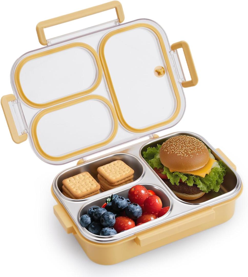Kabbas Stainless Steel Bento Box Kids & Adults - 25 Oz Metal Lunch Box with 3 Compartments, Premium 304 Stainless Steel Lunch Box for Kids, Dishwasher Safe, Suitable for School, Office, Outside (Yellow)