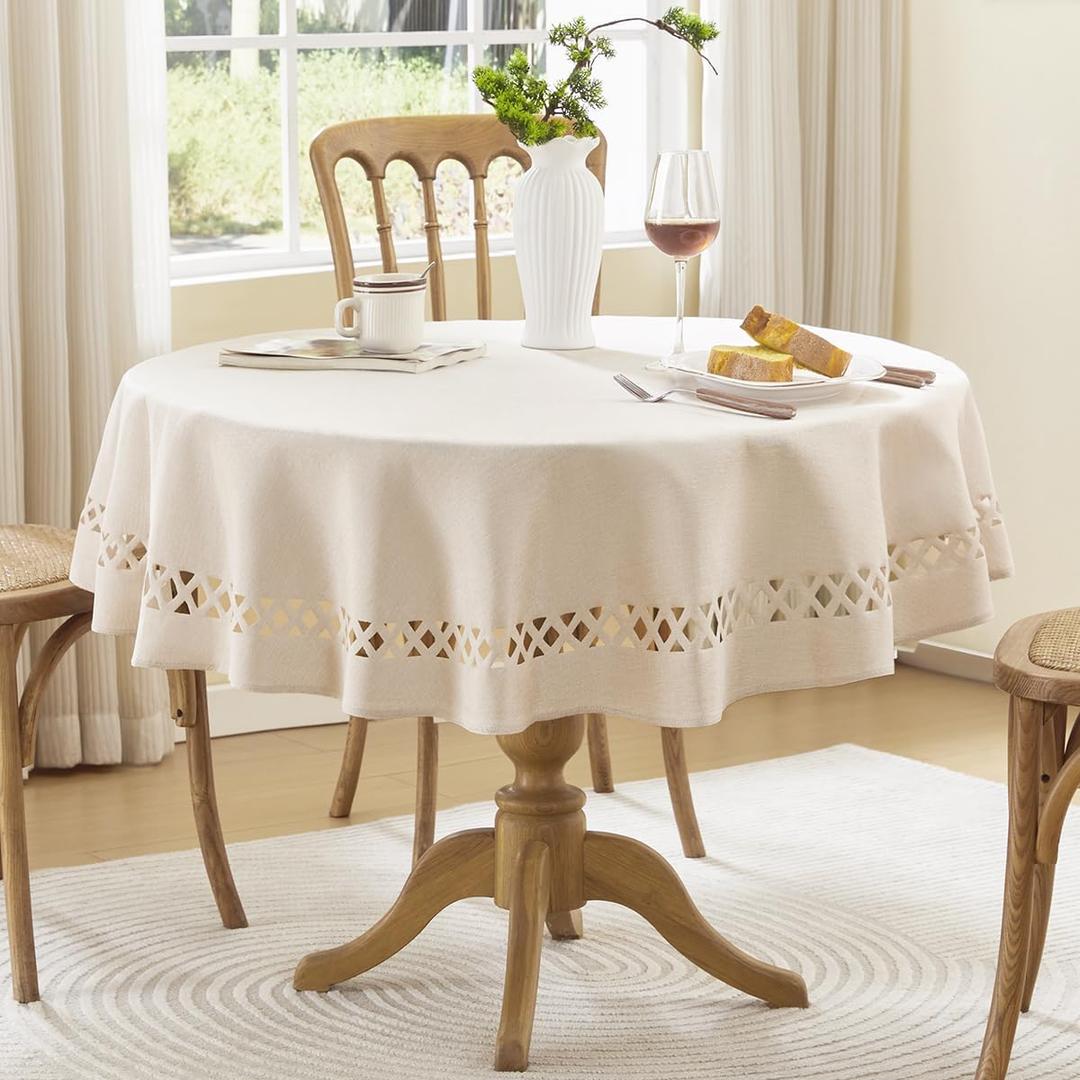 Farmhouse Round Linen Textured Tablecloth Lattice Cutwork Waterproof & Stain Resistant Table Cloth Wrinkle Free Round Table Cover for Dining Room and Outdoor Party, 55 Inch Dia, Natural
