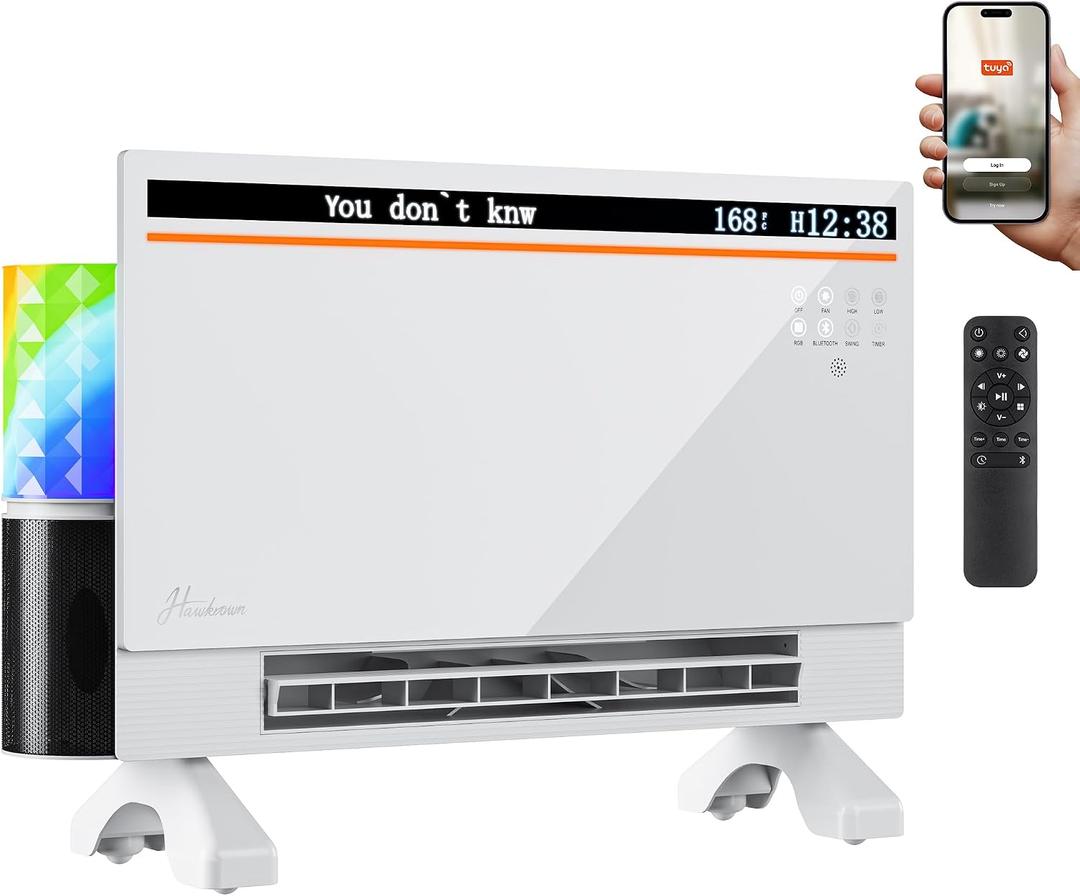 Hawkrown 1800W Smart Panel Space Heater with Bluetooth Speaker,Play Music & Lyric Display & RGB Lights, 6-in-1 Heater Fan, App/Voice/Remote/Touch Control, Wall-Mount or Freestanding, Works with Alexa