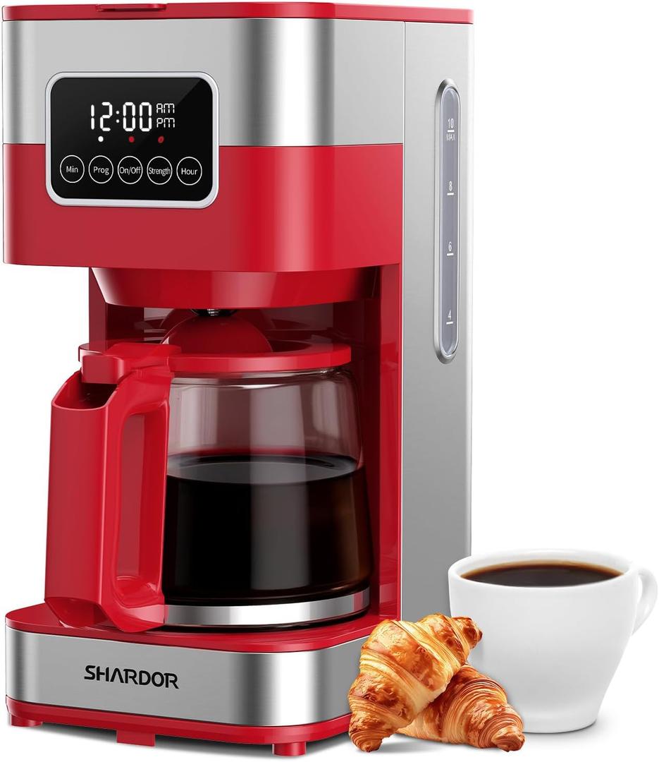 SHARDOR 10-Cup Programmable Coffee Maker, Regular & Strong Brew Drip Coffee Machine for Home and Office, Auto Shut Off, Permanent Filter (Red)