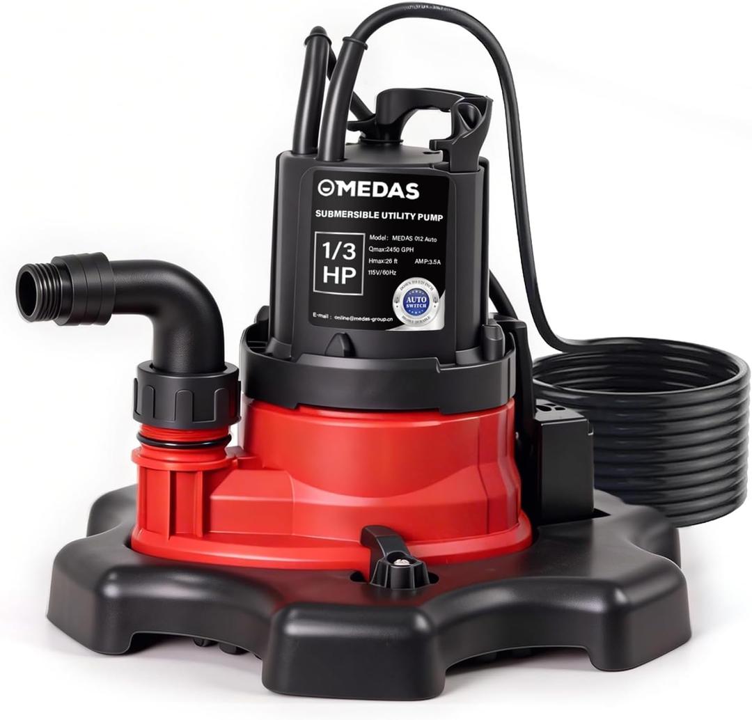 MEDAS Automatic Pool Cover Pump 1/3HP 2450GPH Sump Pump, Auto On/Off with Smart Sensor, Drains to 0.04", Portable Utility Water Pump for Basement, Pool, Garden Pond