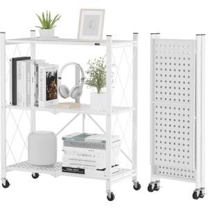 Storage Shelves with Wheels, Bookshelf with Storage, No Assembly Metal Rack Cart for Kitchen, Office, Laundry, Garage (3 Tier, White)