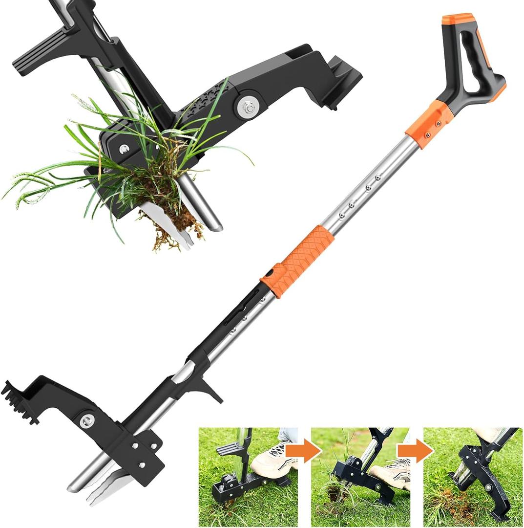Weed Puller Tool,Detachable Stand Up Weed Puller with Long Handle,3-Claw Steel Head Weeder Tool,No Bending/Kneeling for Lawn, Yard & Garden Tool,Easily Remove Weeds (Orange)