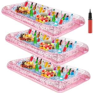 3 Pcs Inflatable Serving Bar Salad Ice Tray Food Drink Candy Buffet Containers Picnic Pool Inflatable Cooler with a Drain Plug and a Hand Pump, 53 x 23.6 x 4.7 Inch(Pink)