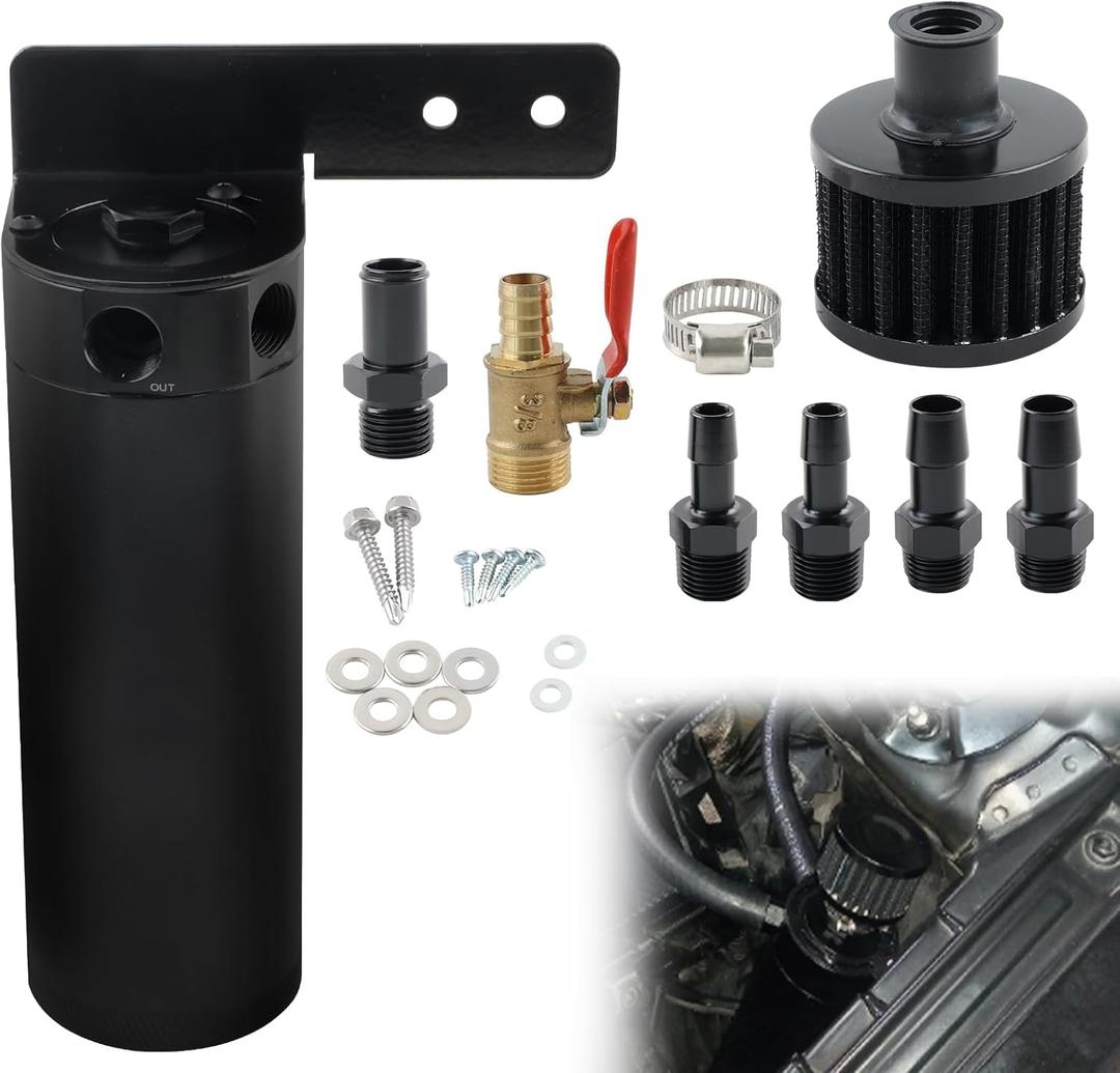 750ML Oil Catch Can Kit, Universal 2-port Baffled Oil Catch Can Reservoir Tank with Breather Filter and Drain ValveBlack
