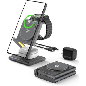 4 in 1 Wireless Charging Station for Samsung, Foldable Aluminum Magnetic Charger with LED Light for Samsung Galaxy S25/Ultra/S24/S23/S22, Galaxy Watch 8/7/6/5, Galaxy Buds/Pro (Grey)