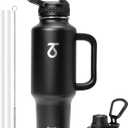 Trebo 40 oz Water Bottle Insulated Fit Car Cup Holder with Handle, Stainless Steel Water Bottles Tumbler with Spout Straw Lids, Double Wall Travel Reusable Flask, Leakproof Mug,Keep Cold &Hot,Black