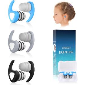 Swimming Ear Plugs for Kids, 3 Pairs Waterproof Reusable Silicone Swim Ear Plugs for Pool Bath Showering Surfing for 4-12 Years Olds Children (Blue Grey Black)