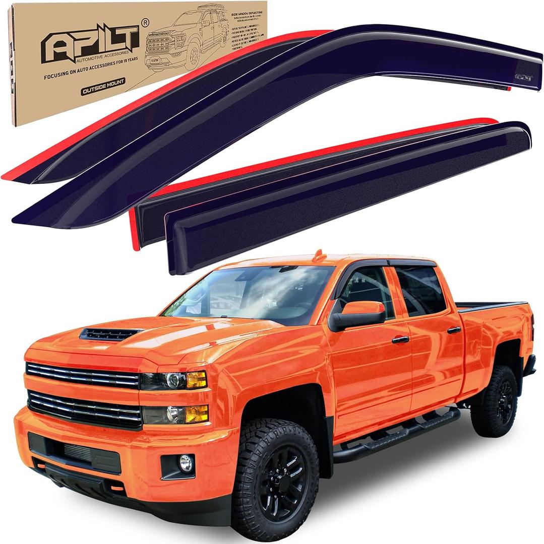 Outside-Mount Rain Guards Window Visors for 2014-2018 Chevrolet Silverado & GMC Sierra 1500,2015-2019 Silverado & Sierra 2500 & 3500 Crew Cab Truck Accessories Dark Smoke 4pcs with Thicker (MediumFull-Size)