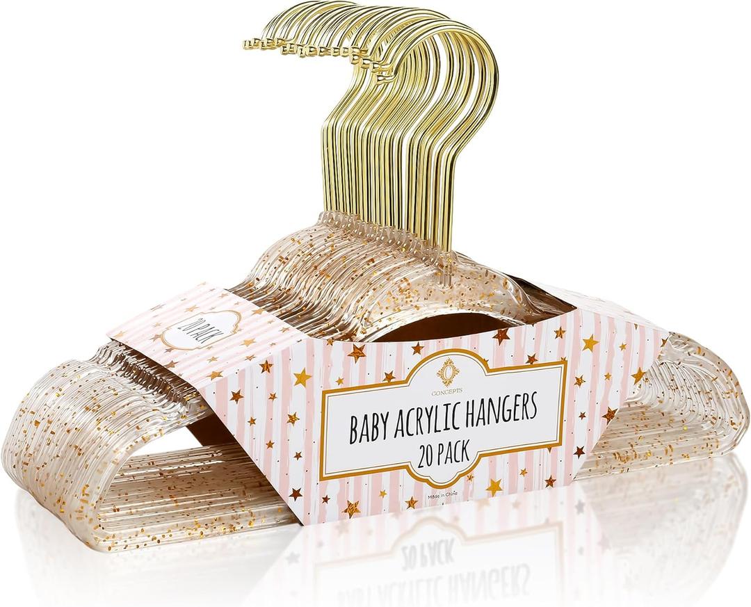 CONCEPTS 20 Pack Baby Hangers Kids Acrylic Non Slip Glitter Clothes Hangers for Toddler Infant Newborn Closet Organizer Small Hangers for Baby Clothes Pants Shirts Space Saving Nursery