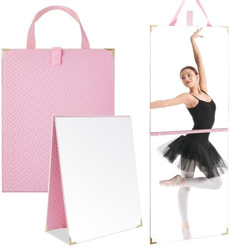 Chunful Frameless Travel Hanging Mirror Leather Foldable Full Length Backstage Makeup Mirror with Handle for Travel Dance Competition Home Fitness Gift(Pink,33.07 x 12.99 Inches)