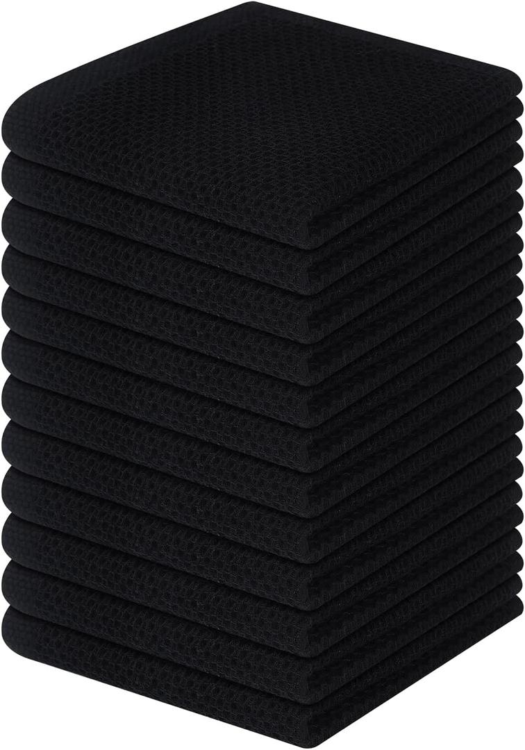 Homaxy 100% Cotton Waffle Weave Kitchen Dish Cloths, Ultra Soft Absorbent Quick Drying Dish Towels, 12 x 12 Inches, 12-Pack, Black