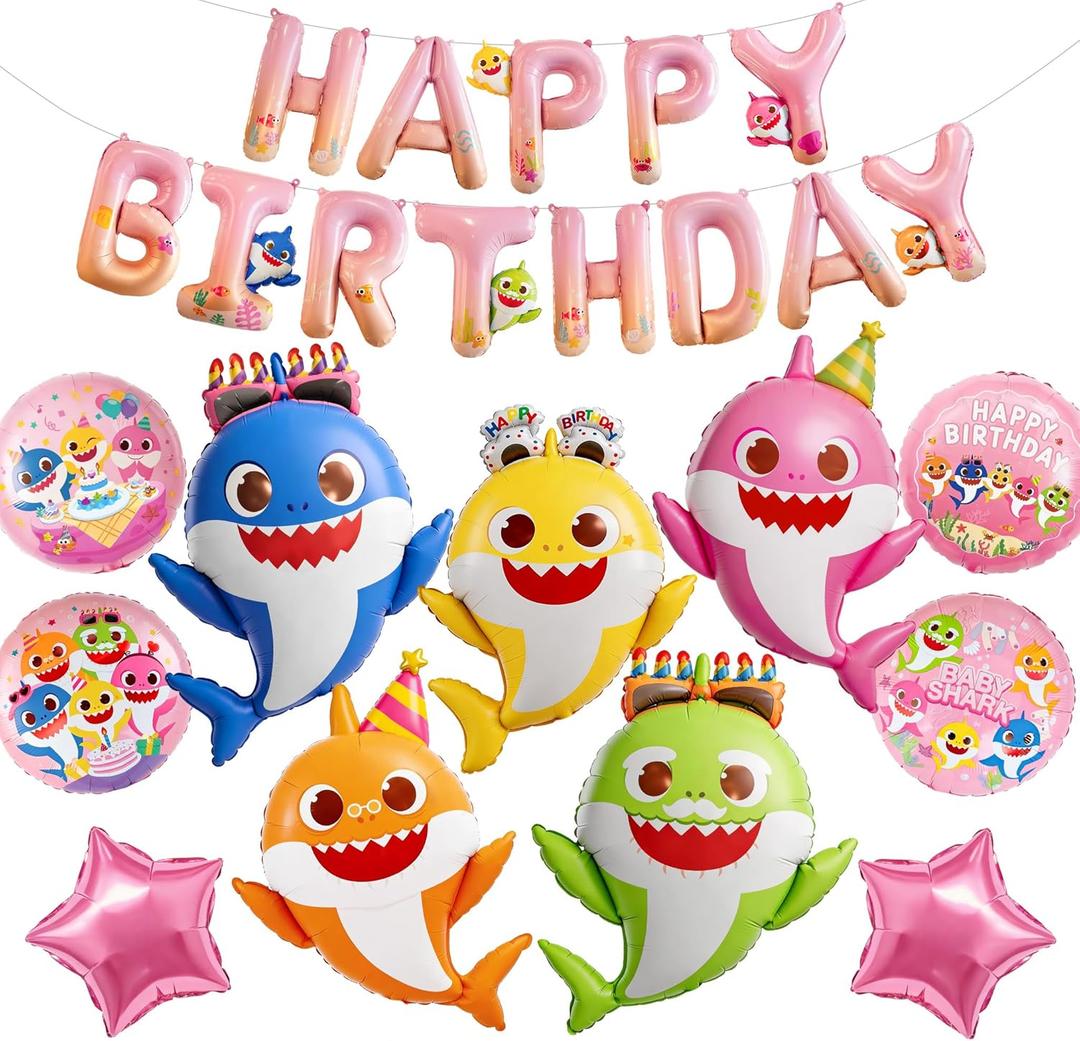 PartyWoo Baby Shark Family Foil Balloons 13pcs Baby Shark Family Pink Round Star Mylar Happy Birthday Banner Letter Balloons for Boys and Girls Under the Sea Kids Birthday Party Decorations