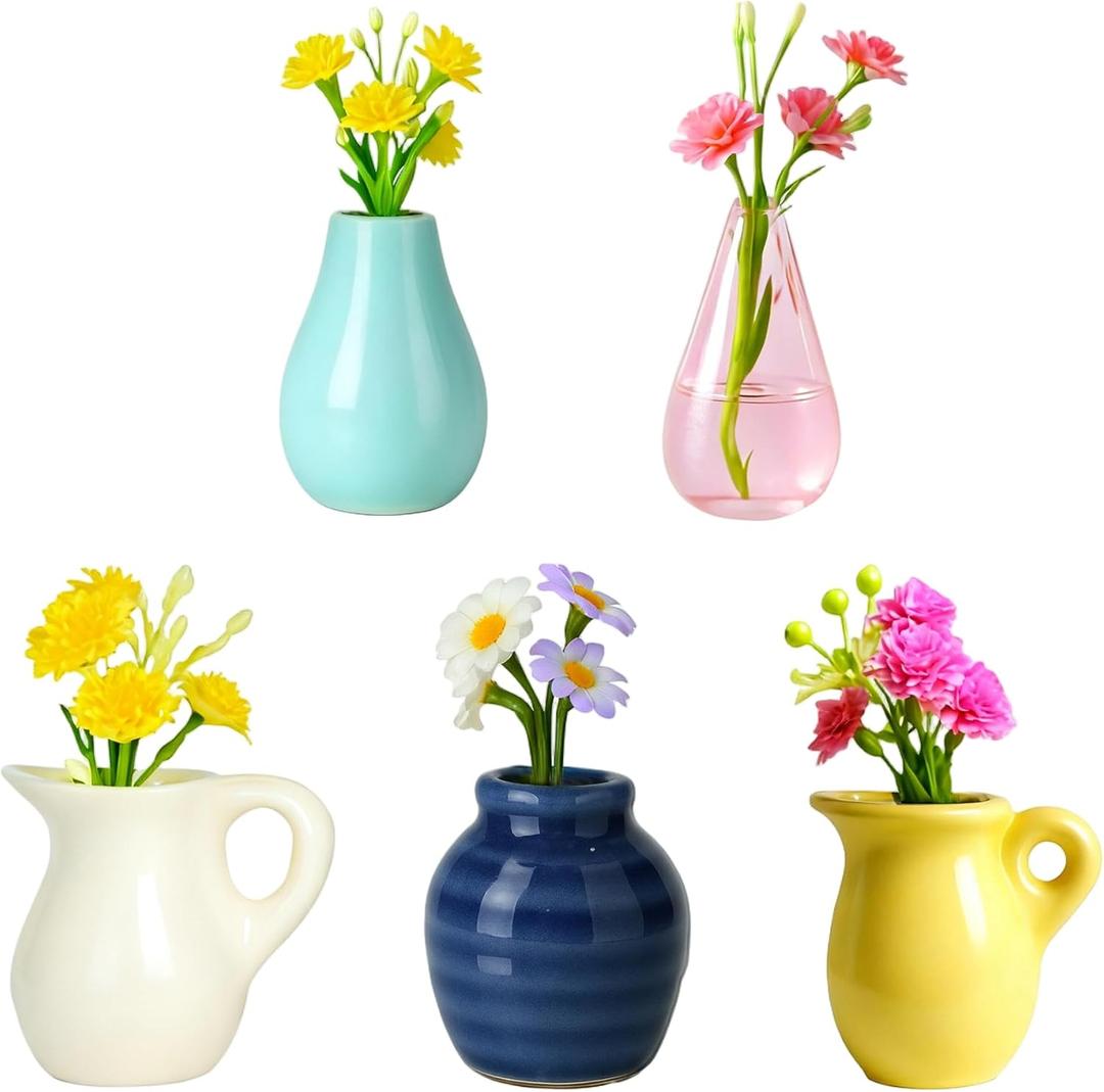 Renmxj Mini Ceramic Vase Magnets for Fridge, Cute Tiny Plant Vase Fridge Magnets for Kitchen Refrigerator Office Locker Decoration with Fake Flowers (5 Pack)