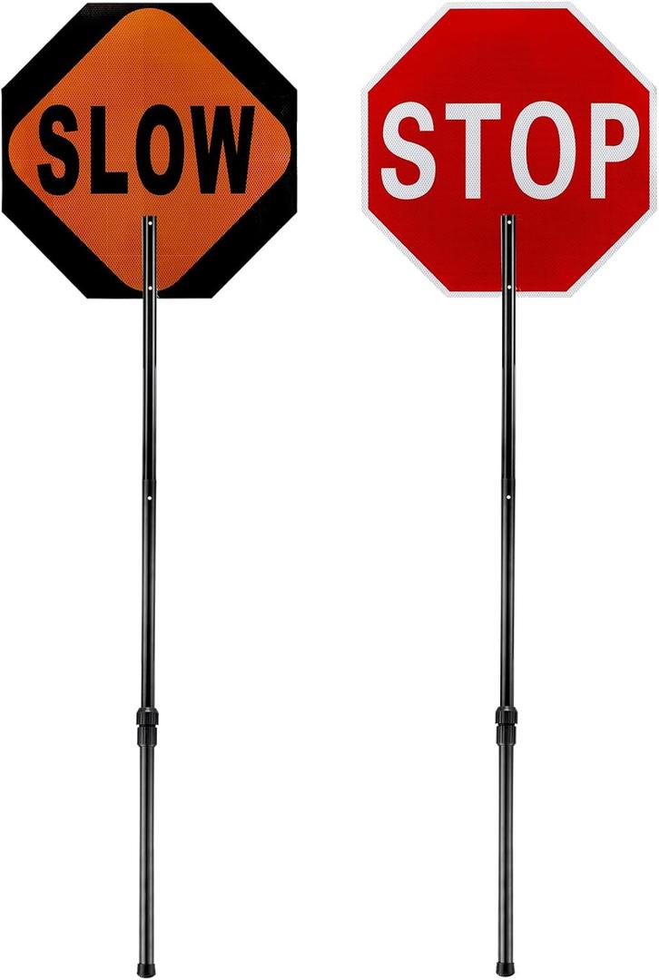Kanayu 1 Pcs 18x18 Inch Double Sided Stop/Slow Paddle Signs Reflective Stop Slow Sign Flagger with Telescopic Pole Handheld Guard Paddle for Road Traffic Construction