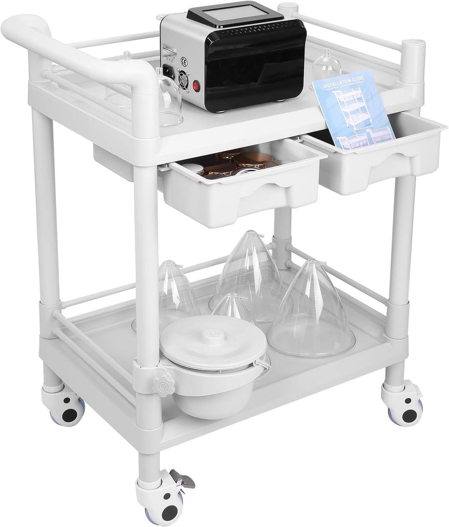 Beauty Trolley Cart with Wheels, Esthetician Cart with Handrail, Bucket and 2 Big Drawer, 2 Tier Heavy Duty Vacuum Therapy Machine Trolley, Load 330lbs, 360 Rotate Silent Wheels