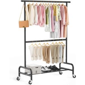Abiglifty 2 Tier Clothing Rack with Adjustable Height, Heavy-Duty Double Rod Garment Rack, Freestanding Double Clothing Rack for Closet Organization, Bedroom, Living Room, Black