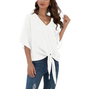 VIISHOW Womens Tie Front Chiffon Blouses V Neck Batwing Short Sleeve Summer Floral Tops Shirts (Small, White)