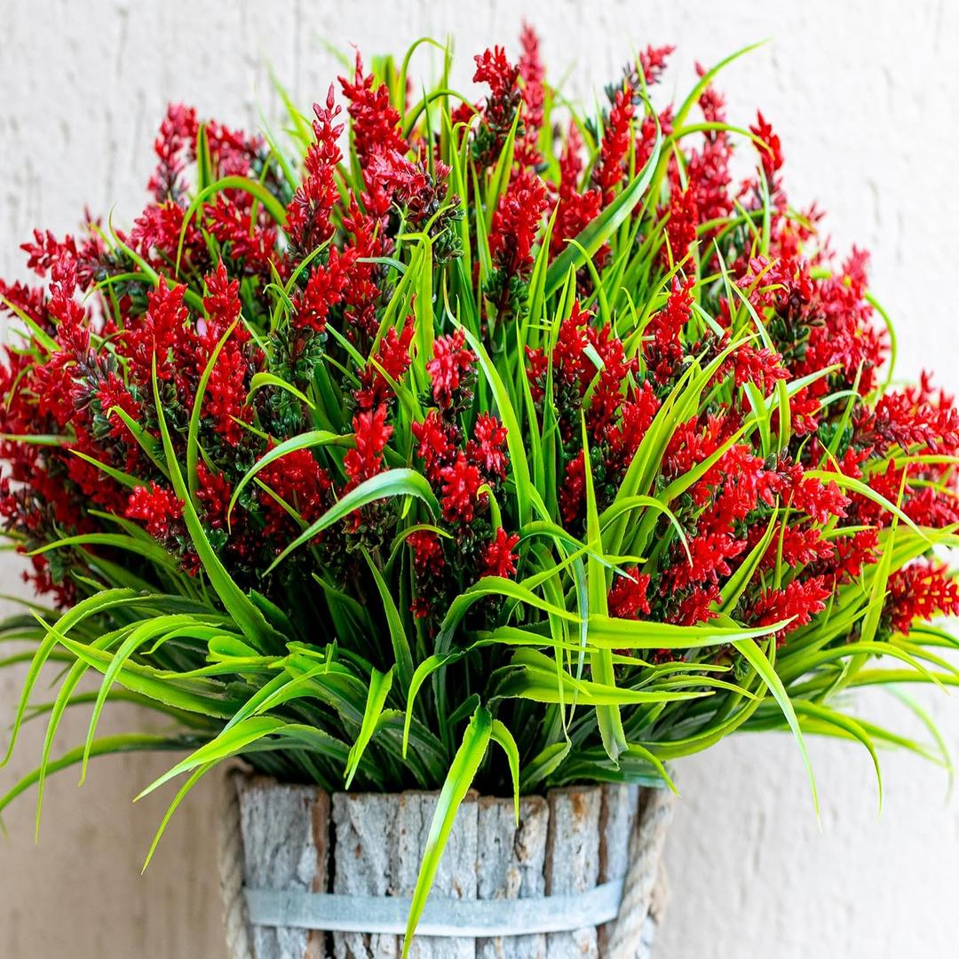 AXYLEX Artificial Flowers for Outdoors Plants - 20 Bundles Fake Lavender Plastic Faux Monkey Grass UV Resistant for Home Decorations (20, Red)